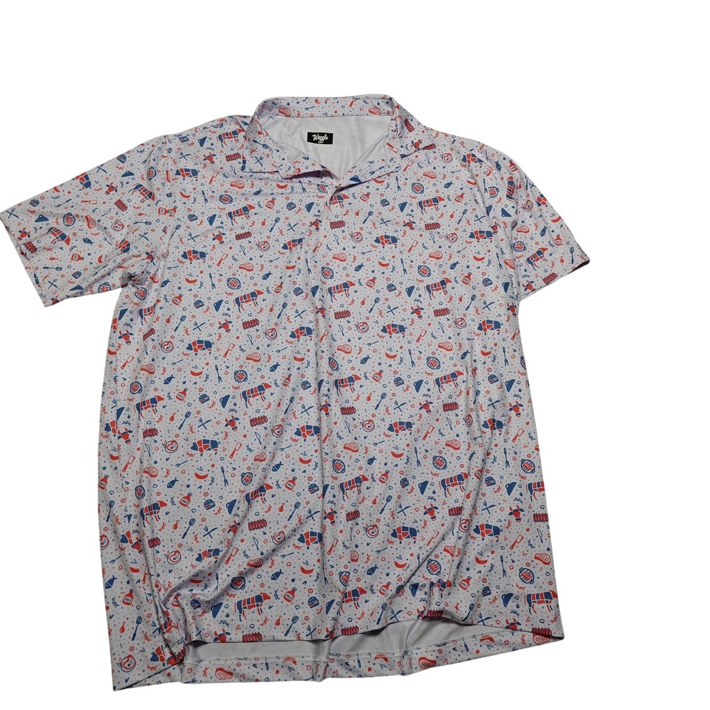 Waggle Shirt Mens 3XL White Red Blue BBQ Grill Print Golf Polo Performance